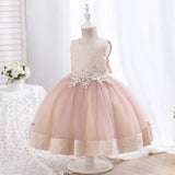 Robe cérémonie fille bleu foncé avec tulle et motifs gris et blancs