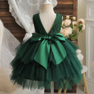 Robe cérémonie fille en dentelle verte avec nœud en satin