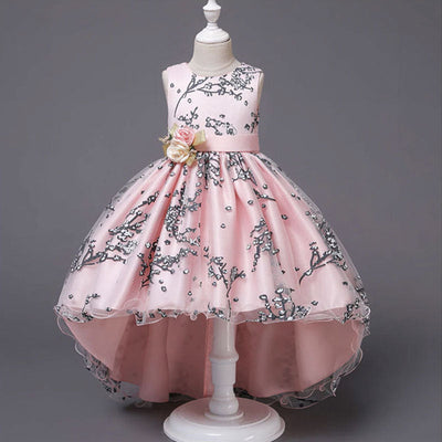Robe princesse fille rose pastel avec motifs floraux noirs ou gris