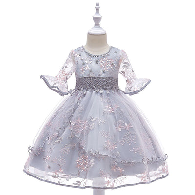 Robe soirée fille rose pâle motif floral avec manches volants et dentelle