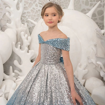 Robe princesse fille dégradé argenté et bleu avec paillettes scintillantes