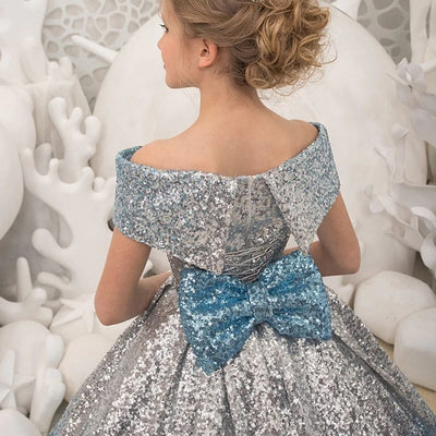 Robe princesse fille dégradé argenté et bleu avec paillettes scintillantes