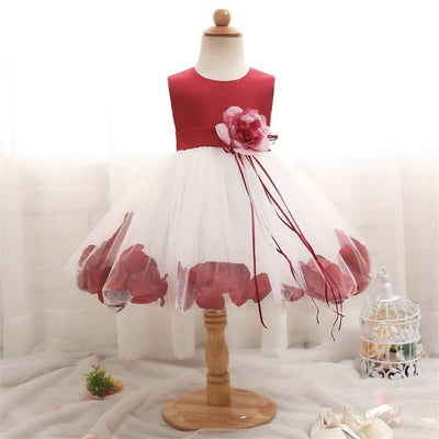 Robe princesse bébé rouge bordeaux avec jupe en tulle blanc et pétales rouges