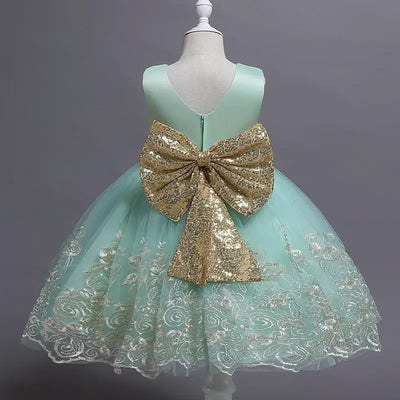 Robe princesse fille rose pastel avec ceinture dorée et broderies florales