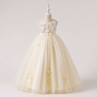 Robe princesse fille couleur crème à motifs floraux en relief