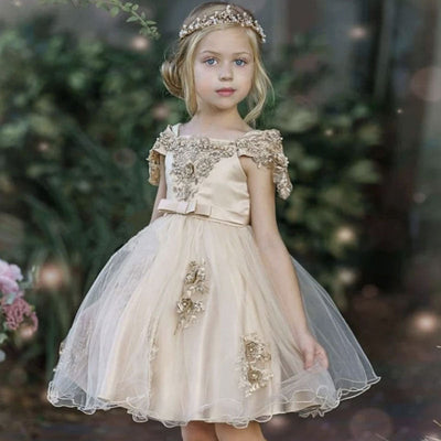 Robe cérémonie fille beige à broderies florales et perles