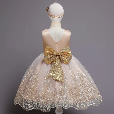 Robe princesse fille rose pastel avec ceinture dorée et broderies florales