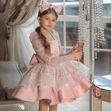 Robe princesse fille rose pâle à manches longues avec sequins et volants