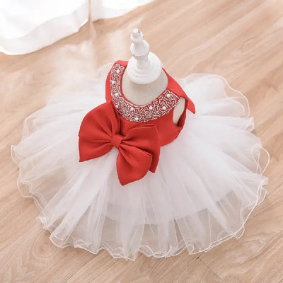Robe princesse bébé rouge à jupe blanche en tulle avec nœud et col brodé argenté