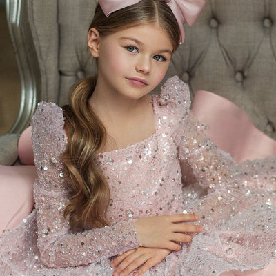Robe princesse fille rose pâle à manches longues avec sequins et volants