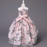Robe princesse fille rose pastel avec motifs floraux noirs ou gris