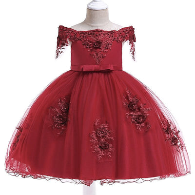 Robe princesse fille bordeaux avec motifs floraux en dentelle