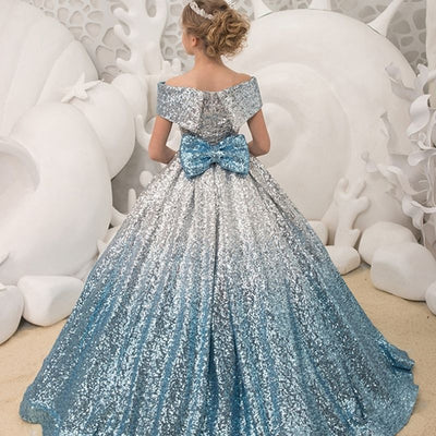Robe princesse fille dégradé argenté et bleu avec paillettes scintillantes