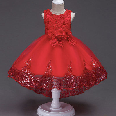 Robe princesse fille rouge motifs floraux brodés et paillettes