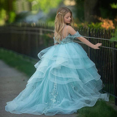 Robe princesse fille bleu clair avec détails floraux et broderies