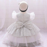 Robe princesse bébé rouge bordeaux scintillante avec manches en tulle rose