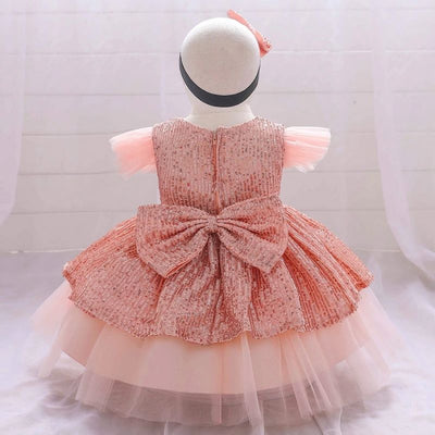 Robe princesse bébé rouge bordeaux scintillante avec manches en tulle rose