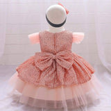 Robe princesse bébé rouge bordeaux scintillante avec manches en tulle rose