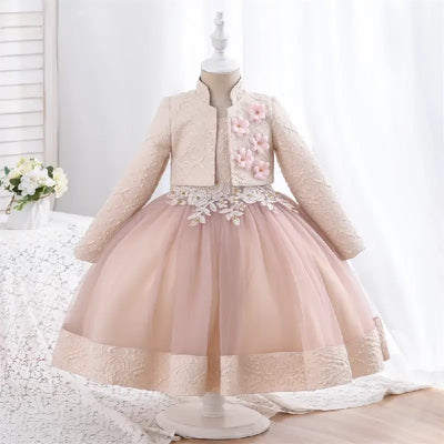 Robe cérémonie fille bleu foncé avec tulle et motifs gris et blancs