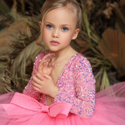 Robe cérémonie fille rose paillettes multicolores avec nœud décoratif