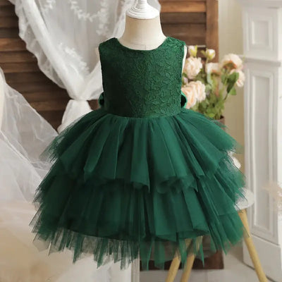 Robe cérémonie fille en dentelle verte avec nœud en satin
