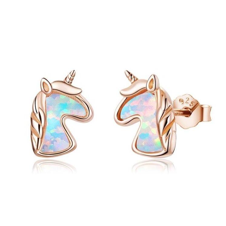 Boucles D'Oreilles Licorne Argent 925 - Cadeau Fille Enfant - Puce à Fleurs Colorées