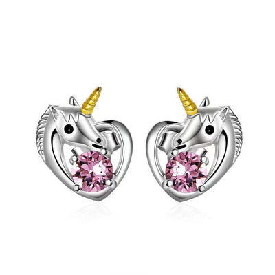Boucles d’Oreilles Licorne Cœur et Cristal Rouge