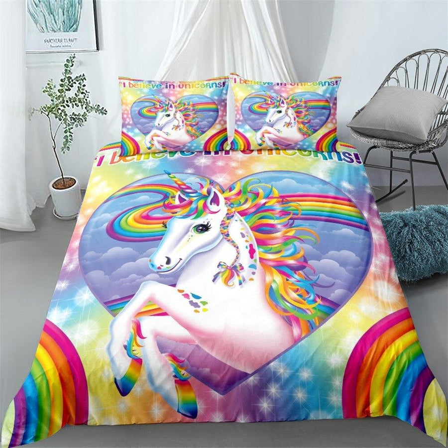 Parure De Lit Licorne 3D Pour Enfants - Housse De Couette 200x200 Cm + 2 Taies, Imprimé Coloré, Fermeture éclair Cachée