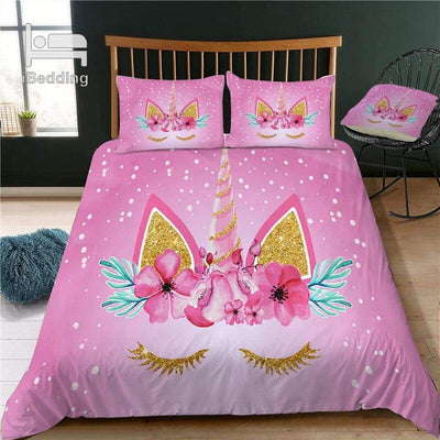 Housse de Couette Licorne Fleurs Roses