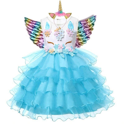 Robe Licorne à Volants en Tulle Bleu
