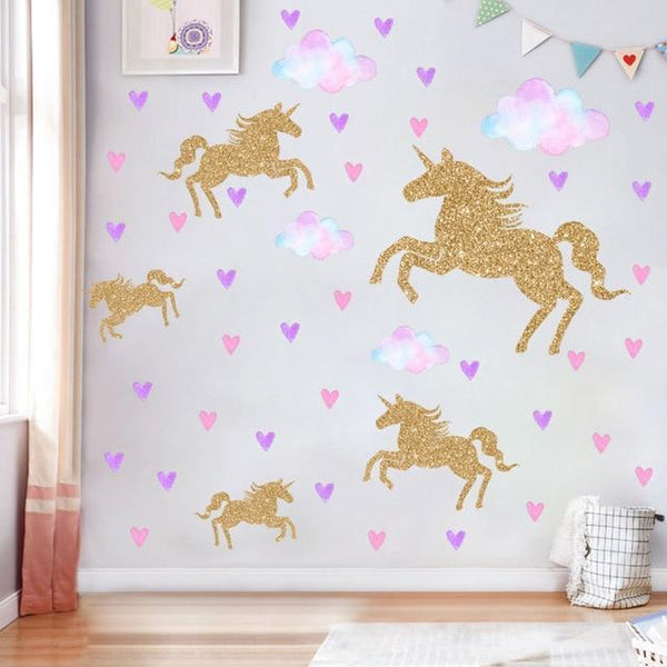 Autocollant mural licorne - Autocollant licorne détachable avec forme de  coeur et d'étoile et film réfléchissant